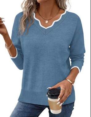 🧥 OFEEFAN Women’s V-Neck Sweater – Blue (Size Medium)